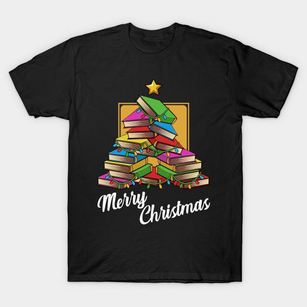 Merry Christmas Tree Book Worms Reading Library T-Shirt by Funnyawesomedesigns